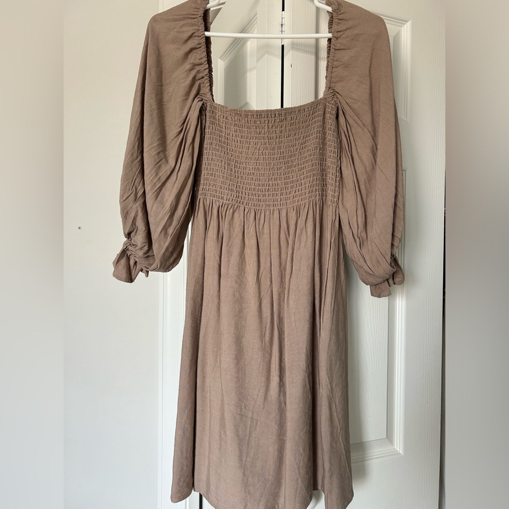 Brown Long Sleeve Sundress with Square Neck and Bishop Sleeves